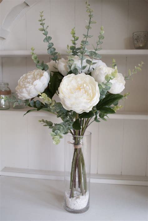 White Peonies And Eucalyptus Silk Flower Tied Arrangement Laurel