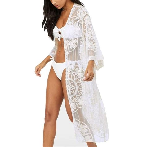 bsubseach women white sexy lace long sleeve swimsuit embroidery beach kimono cardigan bikini