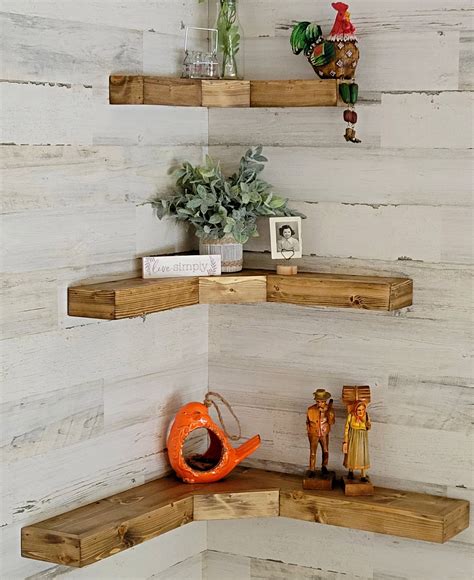 Tier Wall Mounted Rustic Pine Wood Floating Corner Shelves With Metal