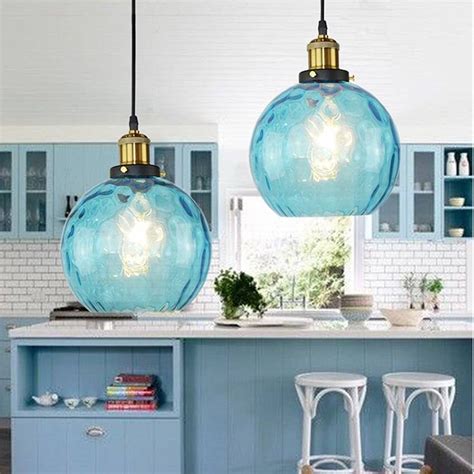 Luxury Nordic Blue Glass Ball Pendant Lights Dia 20 25 30cm Water Grain