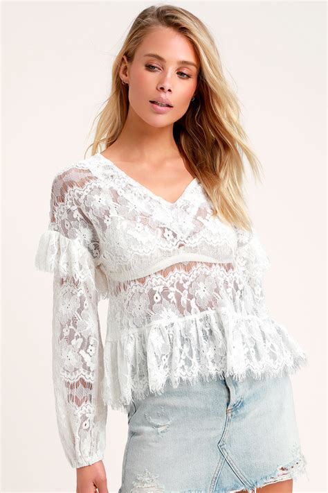 Lovely White Sheer Lace Top Lace Long Sleeve Top Peplum Top Lulus