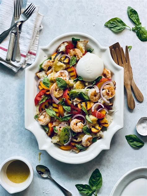 Grilled Shrimp And Peach Panzanella With Heirloom Tomatoes Burrata And