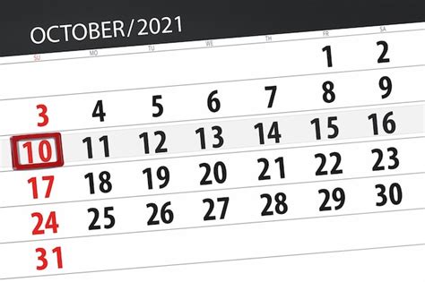 Planificador De Calendario Para El Mes De Octubre De 2021 Fecha Límite 10 Domingo Foto Premium