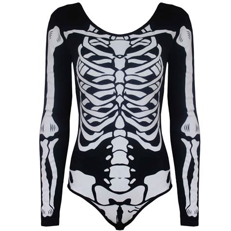 Womens Halloween Ladies Jersey Skeleton Bones Bodycon Tunic T Shirt