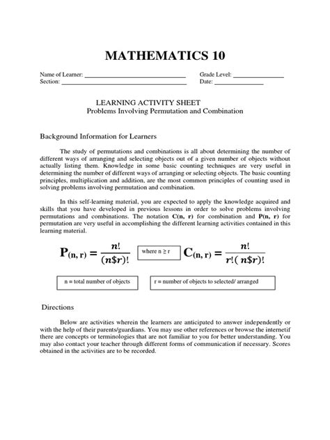 Mathematics 10 Learning Activity Sheet Problems Involving Permutation