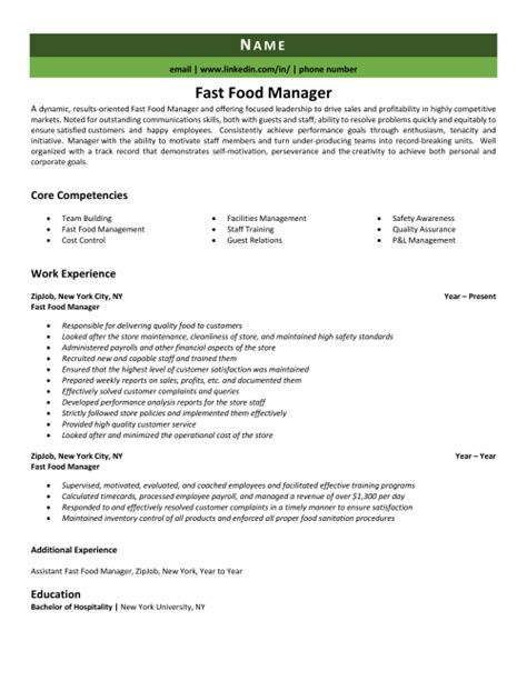 Fast Food Manager Resume Example And Guide Zipjob