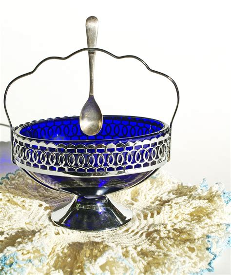Vintage Cobalt Blue Glass Chrome Plated Basket By Pollysfancy
