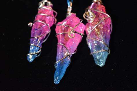 Pink And Blue Quartz Crystal Wire Wrap Necklace Rainbow Aura Etsy In
