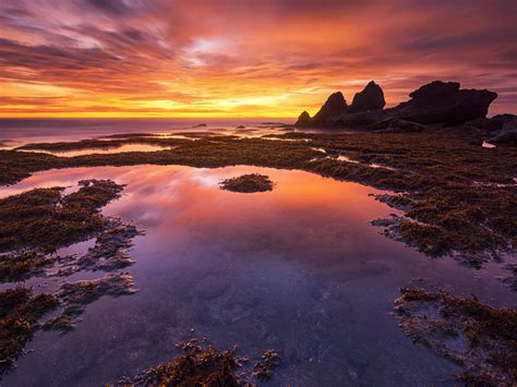 Bali Indonésie Shore Rocks Sea Grass Red Sky Clouds Landscape Sunset
