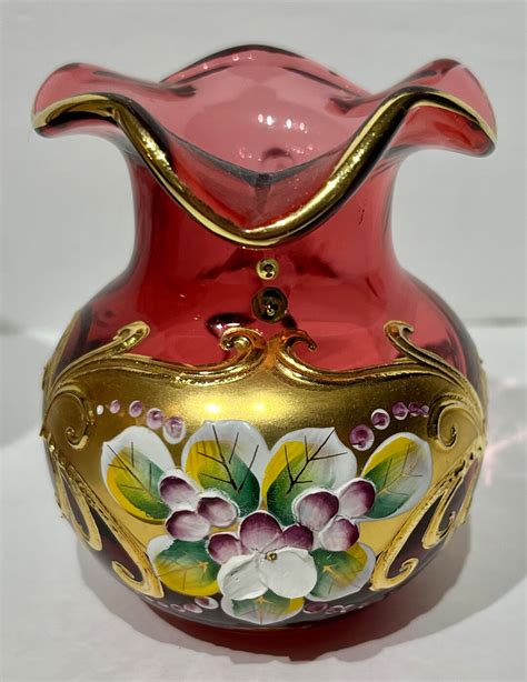 Bohemia Czech Republic Gold High Enamel Cranberry Handmade Crystalex Vase Jug With Sticker Etsy