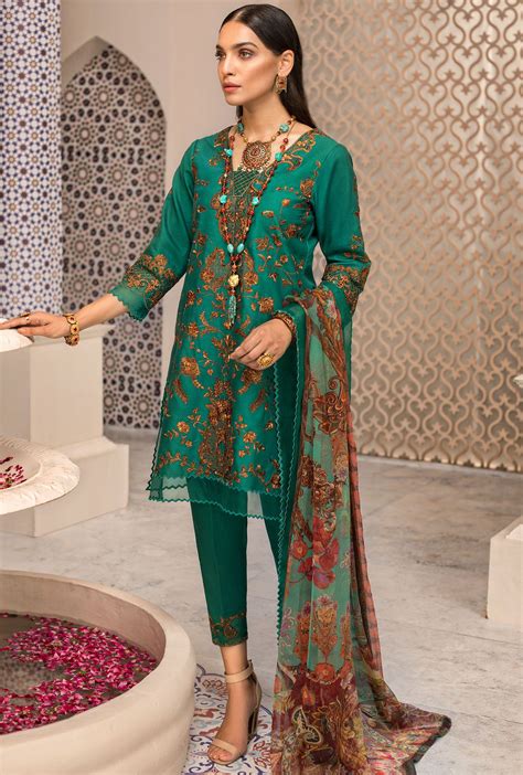 Emerald Green Embroidered Lawn Shf D1 Pakistani Casual Dresses Green