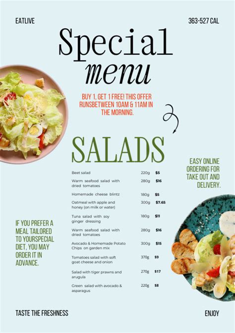 yummy salads list with description and prices offer online menu template vistacreate