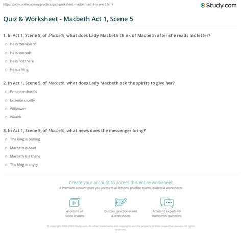 Test your knowledge on all of macbeth. Quiz & Worksheet - Macbeth Act 1, Scene 5 | Study.com