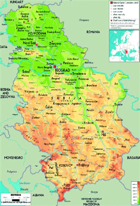 The Physical Map Of Serbia Showing Major Geographical Features Like