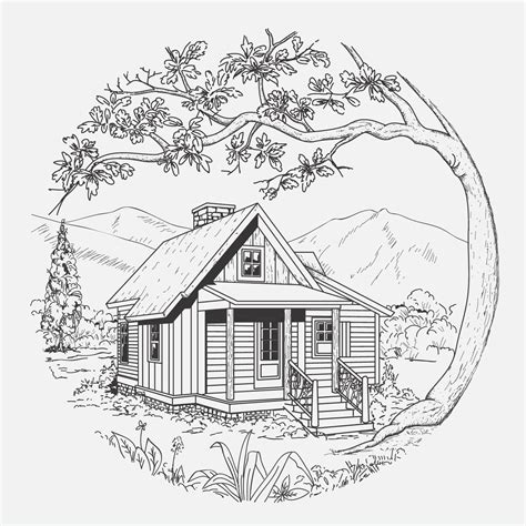 Black And White Cabin Drawing