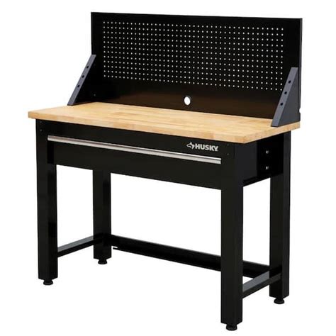 Husky 4 Ft Solid Wood Top Workbench In Black With Pegboard And 1