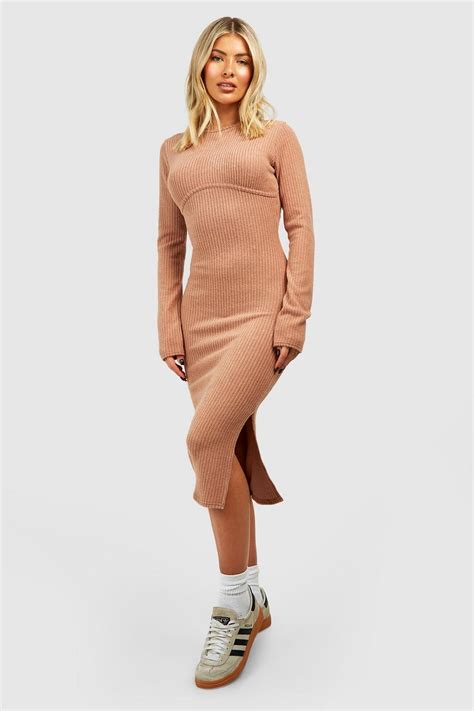 Brushed Rib Seam Detail Midi Dress Boohoo Uk