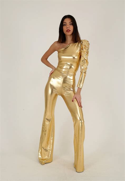 Gold Disco Jumpsuit Cold Shoulder Party Jumpsuit Metallic Etsy