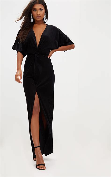 Black Velvet Kimono Sleeve Maxi Dress Prettylittlething Ca
