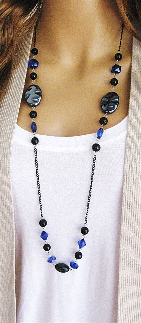 Long Black Beaded Necklace Long Blue Beaded Necklace Beaded Necklace