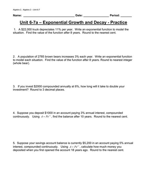 Exponential Growth And Decay Worksheet Word Problems Gohomemade