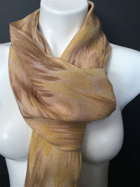 Hand Dyed Handwoven Fringed Tencel Scarf In Shades Of Yellow Brown