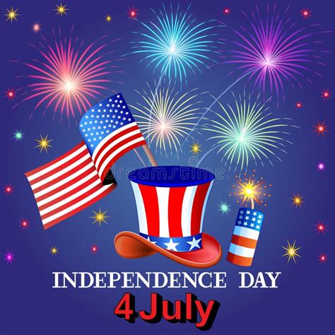 Card Independence Day With Fireworks Hat And The Flag Stock Vector