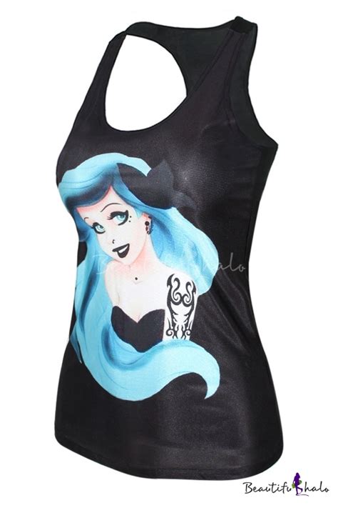 Blue Long Hair Girl Print Black Tanks