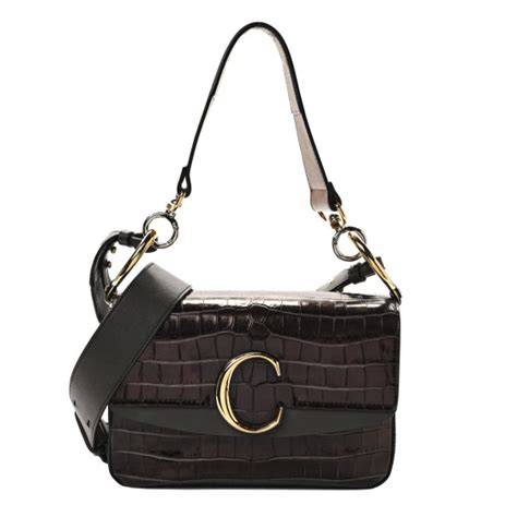 CHLOE Calfskin Crocodile Embossed Small C Double Carry Profound Brown FASHIONPHILE