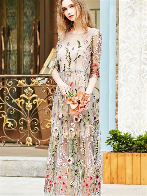 Floral Maxi Dress Embroidered Tulle Round Neck Long Dress Gorgeous Dresses Maxi Dress Womens