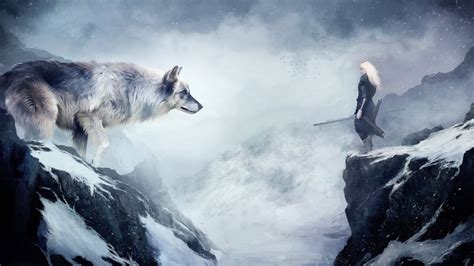 Online Crop Person Holding Sword In Front Of Wolf Painting Artwork