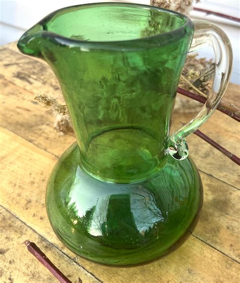 Vintage Green Glass Pitcher With Clear Handle Christmas Etsy