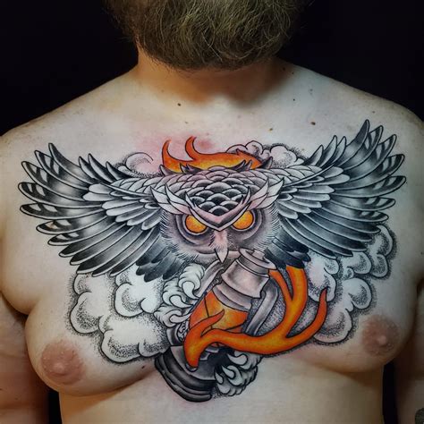 Traditional Owl Chest Tattoo