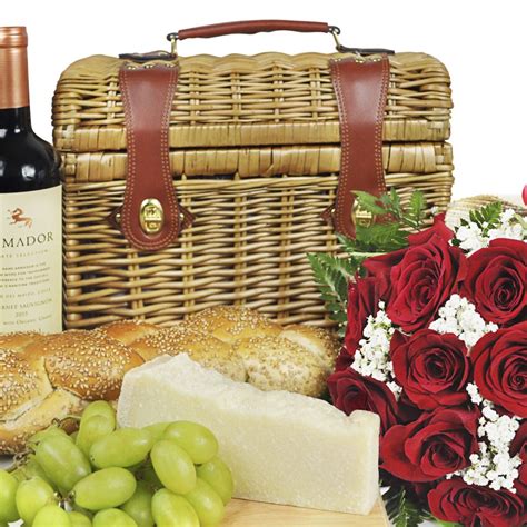 Chardonnay Wine And Cheese Picnic Basket And Dozen Red Rose Bouquet