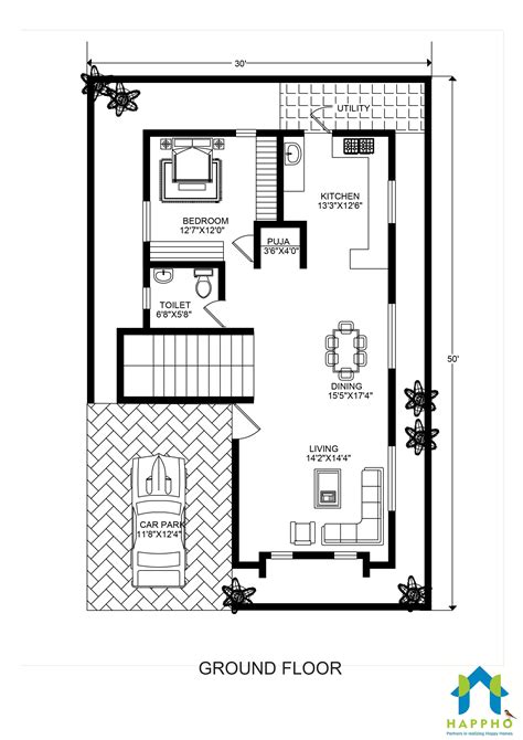 Floor Plan for 30 X 50 Feet Plot | 3-BHK (1500 Square Feet/167 Sq Yards
