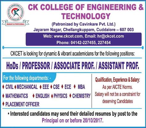 Ck College Of Engineering And Technology Cuddalore Wanted Faculty Plus