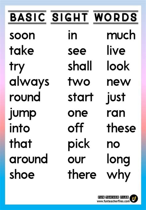 Basic Sight Words Chart Fun Teacher Files