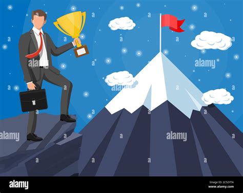 Businessman Standing On Top Of Mountain With Flag And Trophy Symbol Of