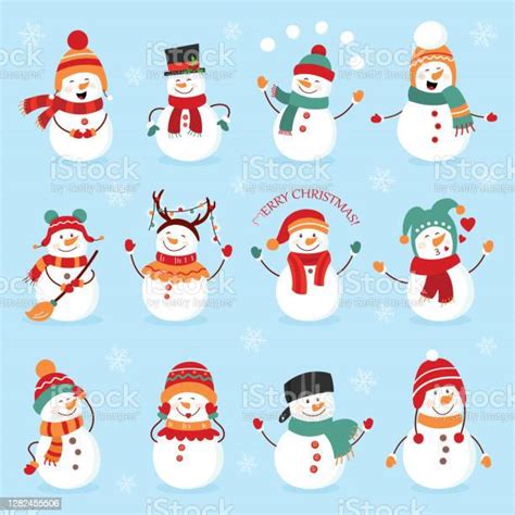 Set Of Winter Holidays Snowman Cheerful Snowmen In Different Costumes