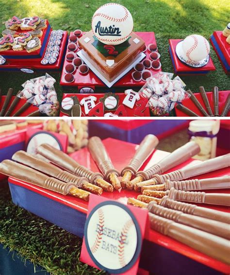 Baseball Themed Desserts And Snacks Displayed On Red Trays
