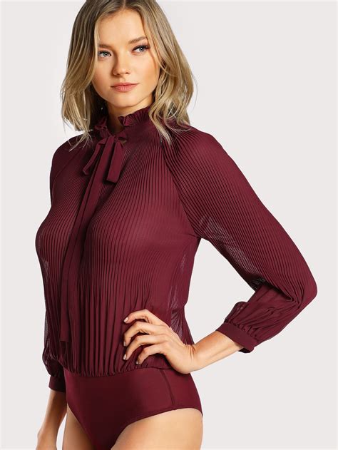 Shop Frilled Collar Tie Back Pleated Blouse Bodysuit Online Shein