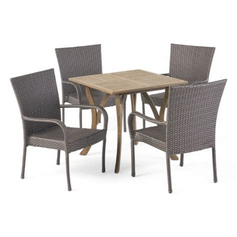 Benson Outdoor 5 Piece Wood And Wicker Square Dining Set Gray And Gray