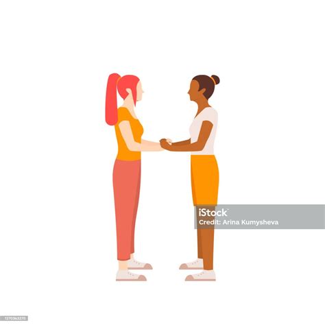 two lesbians face each other and hold hands vector illustration for greeting cards in flat style