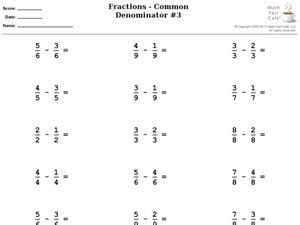 Given two unlike fractions where the denominators are not the same. Fractions- Common Denominator #3 (Subtraction) 3rd - 4th Grade Worksheet | Lesson Planet