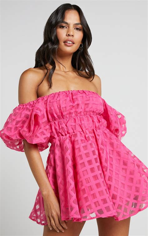Paloma Mini Dress Off Shoulder Puff Sleeve Textured Net Dress In Hot