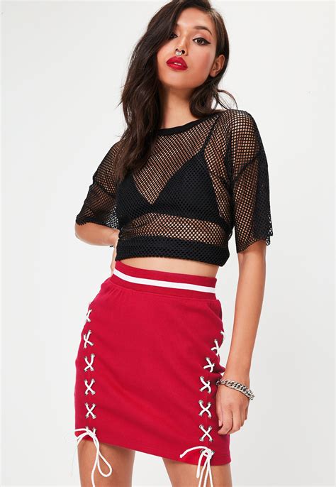 lyst missguided red ribbed lace up mini skirt in red