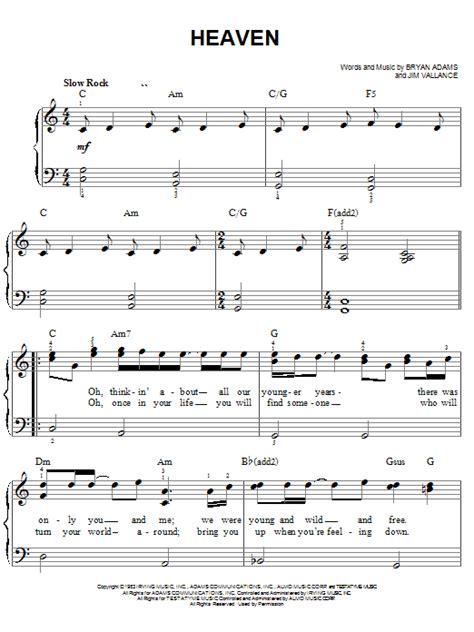 Heaven Sheet Music By Bryan Adams Easy Piano 24285