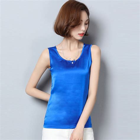 womens 2018 summer rayon silk tank tops ladies blouses sleeveless solid color o neck casual