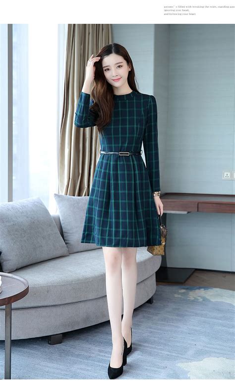 korean elegant plaid long sleeved green midi dress korean fashion dress clothes korean style