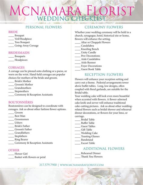 Checklist For Your Wedding Flowers Mcnamara Florist Floral Checklist